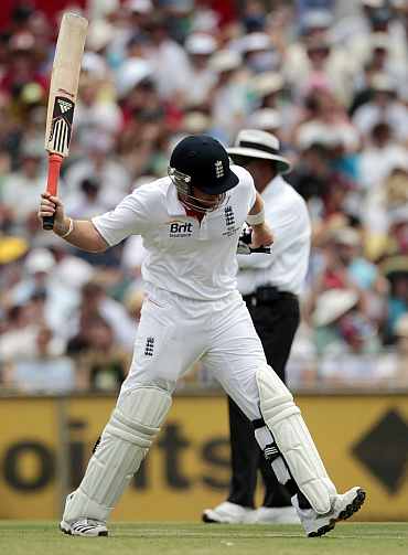 England's Ian Bell reacts after getting out during the third Ashes Test against Australia at Perth