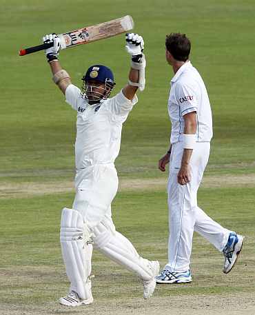 Sachin Tendulkar celebrates after completing his 50th Test century