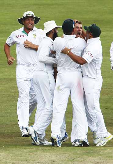South African team celebrates after winning the Test