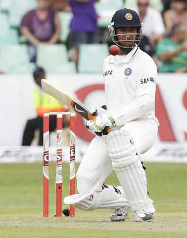 India's Cheteshwar Pujara leaves the ball during the second Test match in Durban