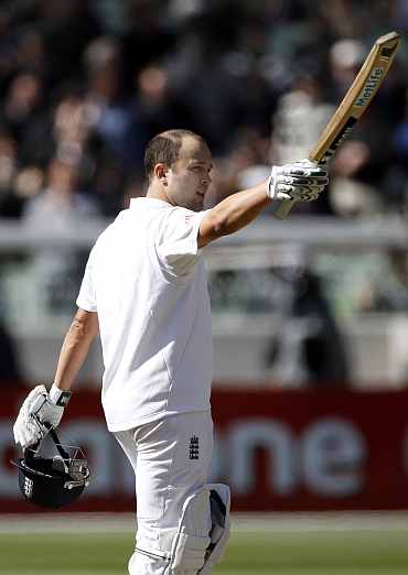 England's Johanthan Trott celebrates after hitting a century during the fourth Ashes Test against Australia in Melbourne