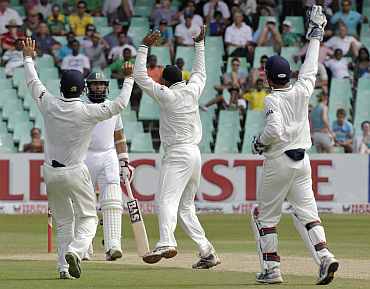 Indian players appeal for a South African wicket duing the second Test in Durban