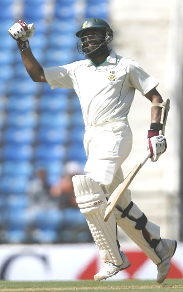 Hashim Amla celebrates after completing his double century