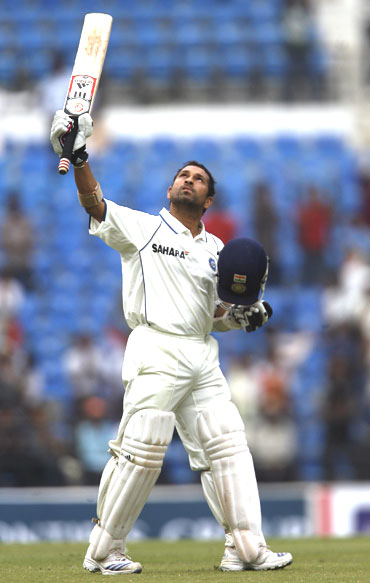 Sachin Tendulkar thanks the almighty after scoring his 46th Test century