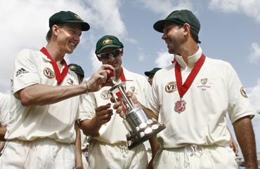 Ricky Ponting and Brett Lee after winning a series in West Indies