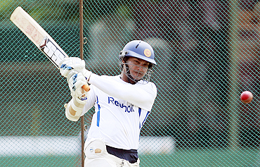 Sri Lanka's captain Kumar Sangakkara plays a shot during a practice session on Sunday