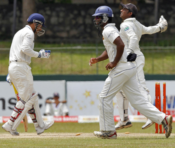 Sri Lanka's wicketkeeper Jayawardene celebrates after stumping Sehwag