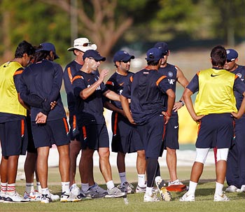 India coach Gary Kirsten speaks to his players during a training session