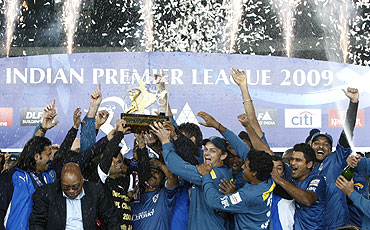 Deccan Chargers celebrate after claiming the Indian Premier League (IPL) title last year