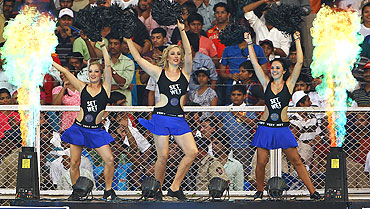 Cheerleaders strut their stuff during a match between the Mumbai Indians and Rajasthan Royals