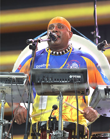 Percussionist Sivamani performs during the match between the Chennai Super Kings and Deccan Chargers