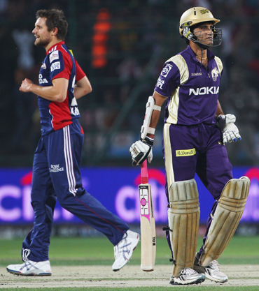 -Sourav Ganguly of the Knight Riders leaves the field after being bowled by Dirk Nannes