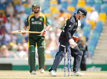 Shahid Afridi reacts as he is run-out by Kieswetter