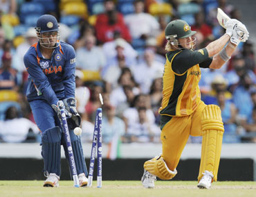Shane Watson is clean bowled by Yusuf Pathan