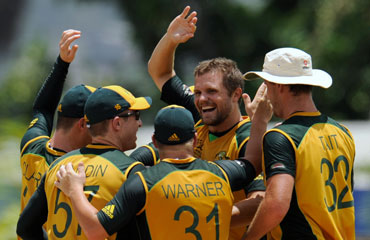 Dirk Nannes celebrate after picking up a wicket