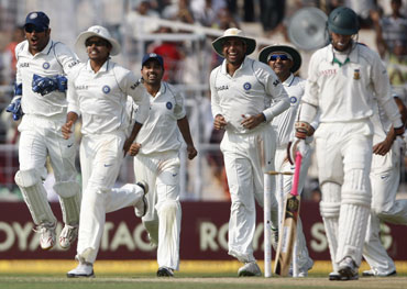 Indian team celebrates after a Test victory