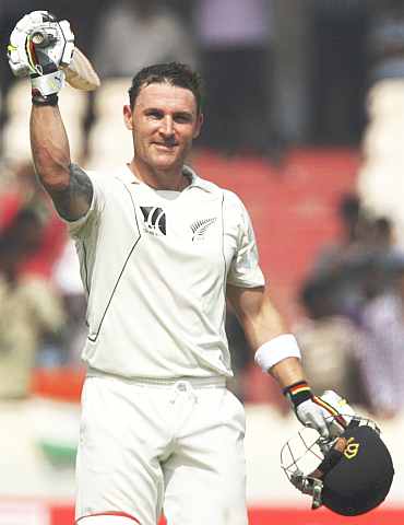 Brendon McCullum celebrates after reaching a double ton