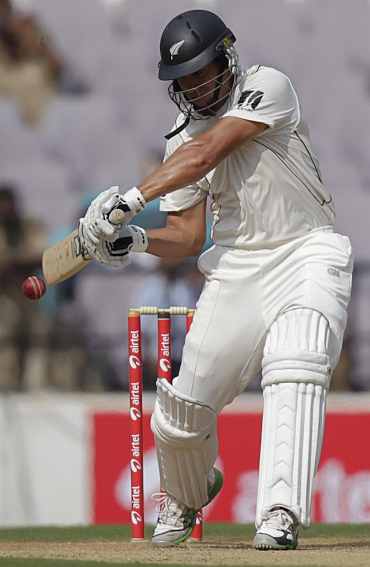 Ross Taylor plays a shot during the third Test match against India in Nagpur
