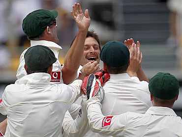 Ben Hilfenhaus celebrates with team-mates after picking up Andrew Strauss during the first Ashes Test match in  Brisbane