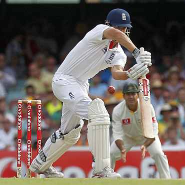 Alastair Cook plays a shot during the first Ashes Test in Brisbane