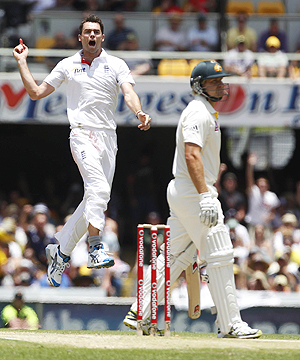 England's James Anderson celebrates after dismissing Australia's Shane Watson on Friday