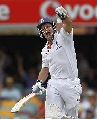 Andrew Strauss celebrates after scoring his fourth Ashes hundred against Australia in Brisbane