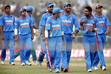 Indian players celebrate after winning the first ODI against New Zealand in Guwahati