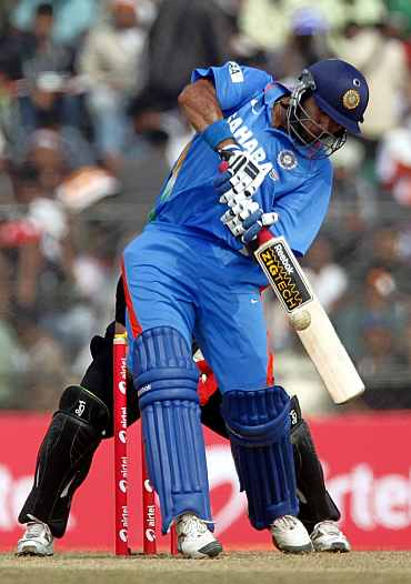 Yuvraj Singh plays a shot during the first ODI against New Zealand in Guwahati