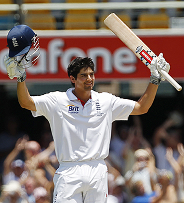 Alistair Cook celebrates on completing his double century on Monday
