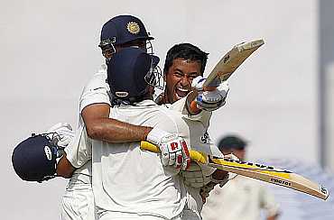 Pragyan Ojha celebrates after winning the Mohali Test