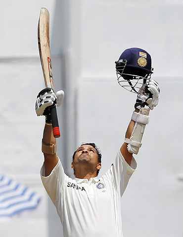 Sachin Tendulkar celebrates after reaching 49th Test century