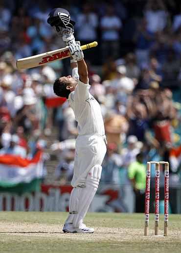 Sachin Tendulkar looks heavenwards after he hits a double century against Australia at the SCG, January 2, 2004.