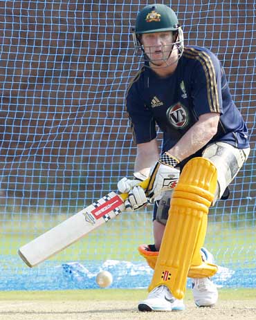 Australia's Cameron White prepares to play a shot at a cricket practice session in Vishakhapatnam