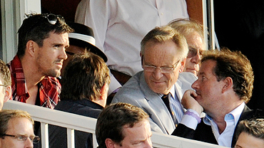 England's Kevin Pietersen (left), author Jeffrey Archer (with glasses) and TV personality Piers Morgan (right) at the fourth ODI between England and Pakistan at Lord's on Monday