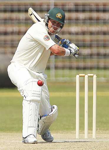 Marcus North plays a shot against Board President's XI in Chandigarh