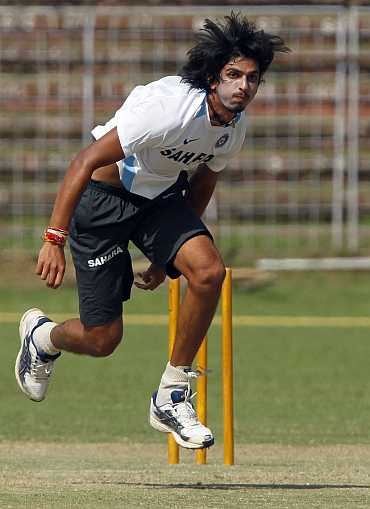 Ishant Sharma bowls during a training session