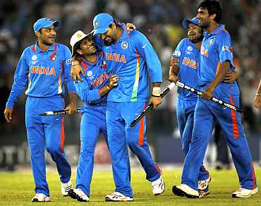 Indian team react after winning a match