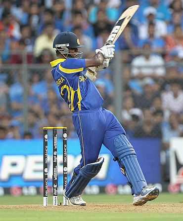 Nuwan Kulasekara plays a shot during the World Cup final against India