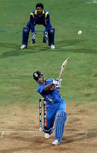 MS Dhoni hits a six during the World Cup match against Sri Lanka