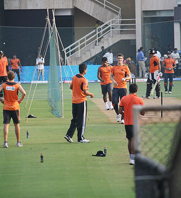 Pune Warriors' players go through the grind during a net session on Tuesday