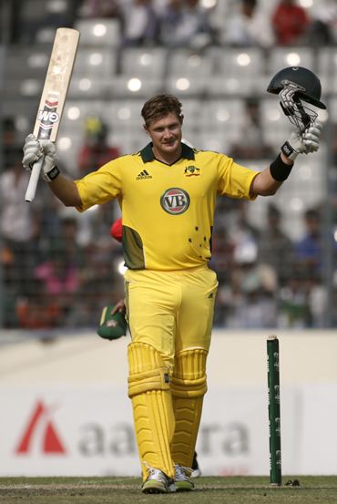 Shane Watson celebrates after getting to a hundred against Bangladesh in the second ODI