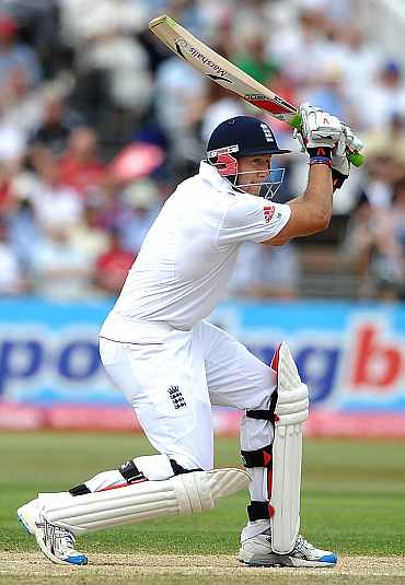 Tim Bresnan hits a boundary during his knock against India
