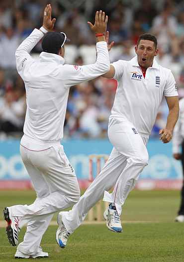 Tim Bresnan celebrates after taking a five-wicket haul