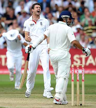 James Anderson celebrates after picking the wicket of Sachin Tendulkar