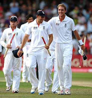 England players walk off the field after thrashing India at Trent Bridge on Monday
