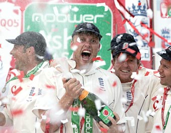 Andrew Flintoff celebrates with champagne after the 2005 Ashes triumph
