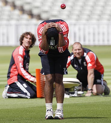 England's Ravi Bopara ducks a ball during a training session at Edgbaston