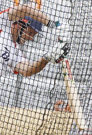 Andrew Strauss bats in the nets during a training session at Edgbaston