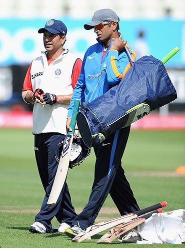 Sachin Tendulkar and Rahul Dravid during a nets session