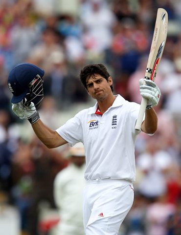 Alastair Cook celebrates after getting to hundred